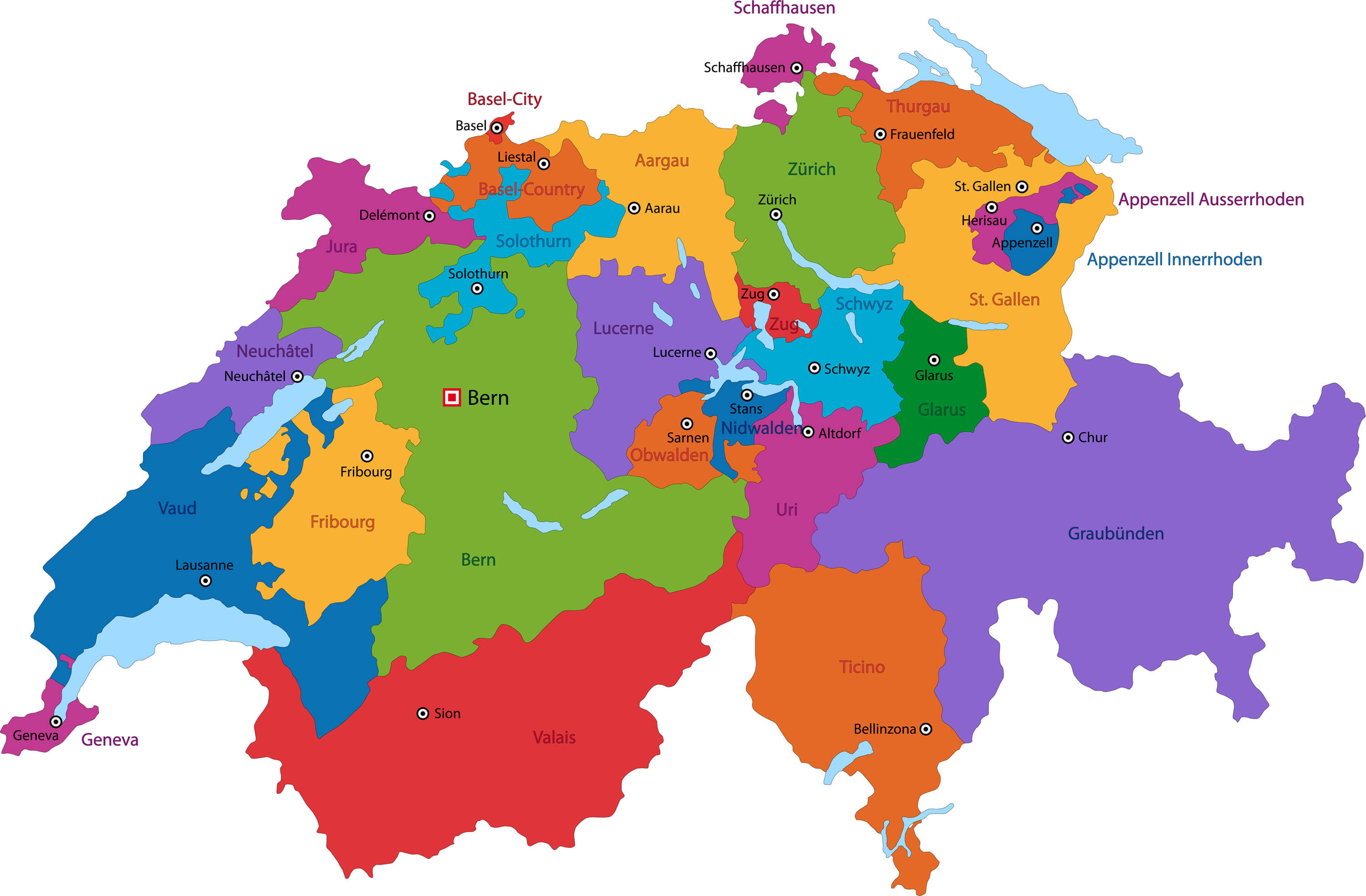 Colorful Bern Switzerland map with states and main cities